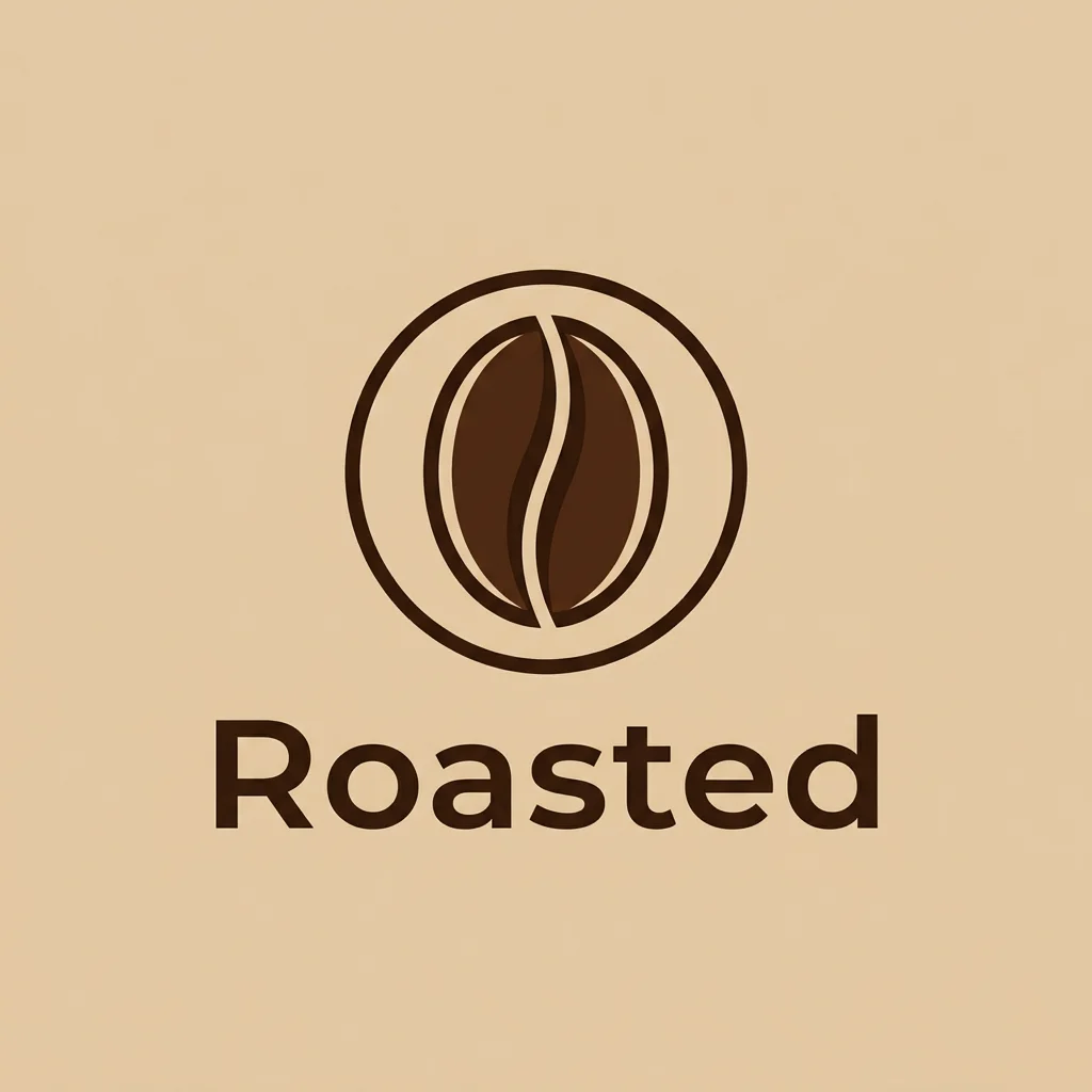 実際に生成したロゴ「Roasted」。ホワイト背景、シンプルなコーヒー豆のアイコン